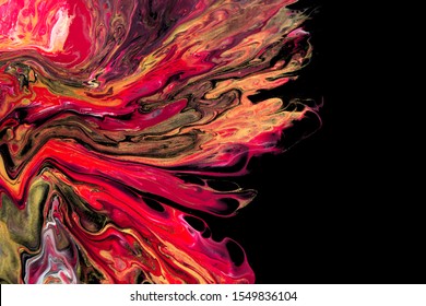 Abstract Acrylic Liquid Pouring Paint With Black, Red And Gold Colours  