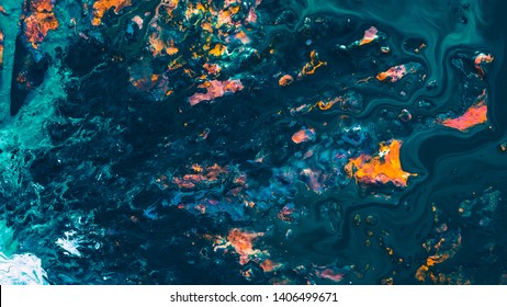 Abstract acrylic oil gouache paint background. Dark teal color mix texture. Layer pattern technique. Creative decorative art.