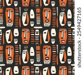 Abstract African art shapes seamless background, tribal geometric decoration pattern. Colored flat boho symbols illustrations