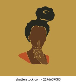 Abstract African Woman Portrait. Afro  Girl Saying Shush Be Quiet With Finger On Lips Gesture. Flat Vector Secret And Silence Girl Illustration Contemporary Art