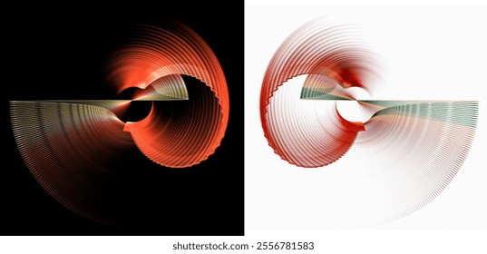 Abstract air propellers with striped wavy arced and straight red blades, with green accents, spin on black and white backgrounds. Set. Icon, logo, symbol, sign. 3D rendering. 3D illustration. - Powered by Shutterstock