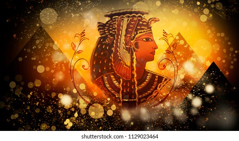 Abstract Ancient Egyptian Background, Cleopatra. Dark Bokeh Background.