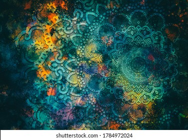 Abstract Ancient Geometric Mandala Graphic Design With Star Field And Colorful Watercolor Digital Art Painting Galaxy 
Backgrounds