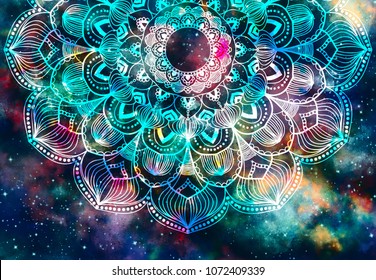 Abstract ancient geometric with star field and colorful galaxy background, watercolor digital art painting and mandala graphic design