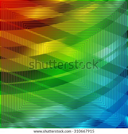 abstract angular rainbow pattern with colorful texture with green curve with rhombus with on dark background. raster illustration