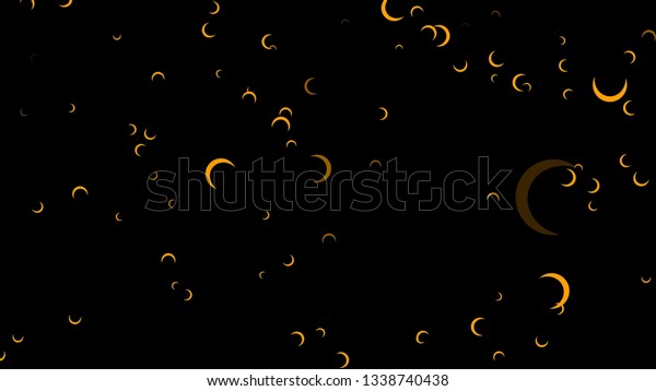 Abstract animation of many golden,\
crescent moons falling on black background, seamless loop. Small,\
orange half moons flying, kids cartoon\
concept.