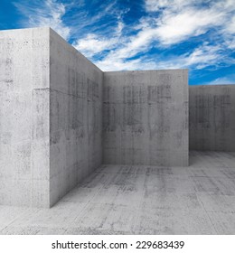 Abstract architectural 3d background, empty concrete room interior with blue sky