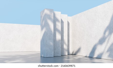 Abstract architectural backdrop - 3D render. White details of the facade of modern building on blue sky background with copy space. Unobtrusive botanical background with shadow on the wall.