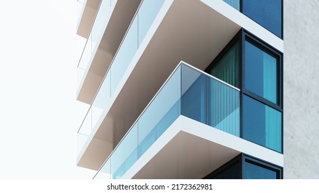 Abstract Architectural Background Of Building Made Of Glass And Concrete - 3d Render. Futuristic Modern Architecture Of Glass Facade Of Skyscrapers,urban Environment. Industrial Design, Office Center.