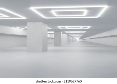 Abstract architectural background. Free white space. Receding into the distance hall with rows of columns. 3d rendering
