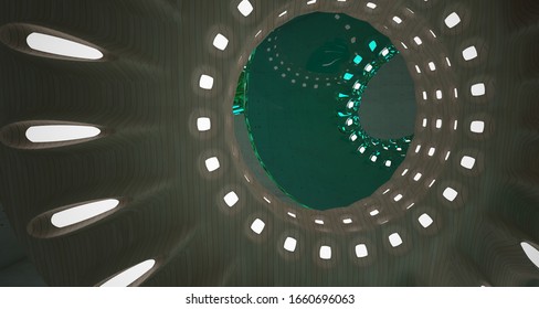 Abstract architectural background interior made of wooden, concrete and glass disсs. Neon lighting. 3D illustration and rendering.