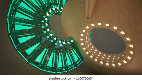 Abstract architectural background interior made of wood, concrete and glass. Neon lighting. 3D illustration and rendering.