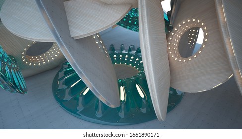 Abstract architectural background. Interior made of wood, concrete and glass. Neon lighting. 3D illustration and rendering.