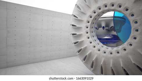 Abstract architectural background. Interior made of wood, concrete and glass. 3D illustration and rendering.