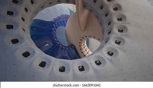 Abstract architectural background. Interior made of wood, concrete and glass. 3D illustration and rendering.
