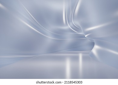 Abstract Architectural Background In Silver Tones. Metal Light Curved Interior Space Of A Futuristic Building. Asymmetrical Wall Lines. 3d Rendering