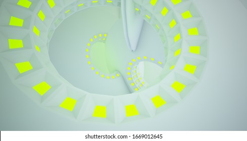 Abstract architectural background, white interior with discs. Colored neon lighting. 3D illustration and rendering.