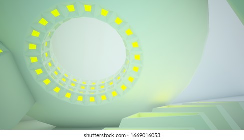 Abstract architectural background, white interior with discs. Colored gradient neon lighting. 3D illustration and rendering.