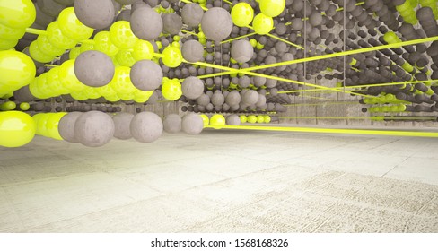 Abstract architectural concrete  interior  from an array of green spheres with large windows. 3D illustration and rendering