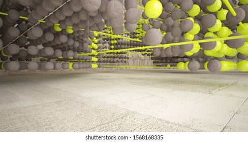 Abstract architectural concrete  interior  from an array of green spheres with large windows. 3D illustration and rendering