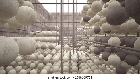 Abstract architectural concrete  interior  from an array of spheres with large windows. 3D illustration and rendering.