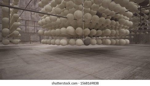 Abstract architectural concrete  interior  from an array of spheres with large windows. 3D illustration and rendering.