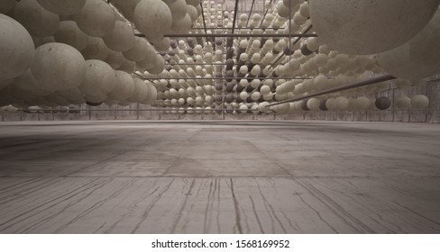 Abstract architectural concrete  interior  from an array of spheres with large windows. 3D illustration and rendering.