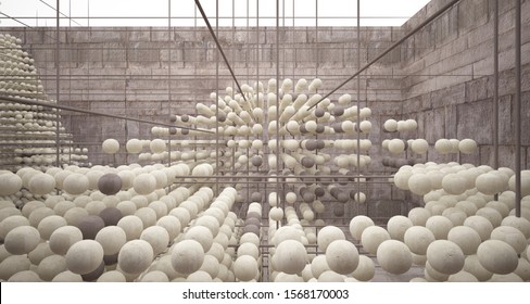 Abstract architectural concrete  interior  from an array of spheres with large windows. 3D illustration and rendering.