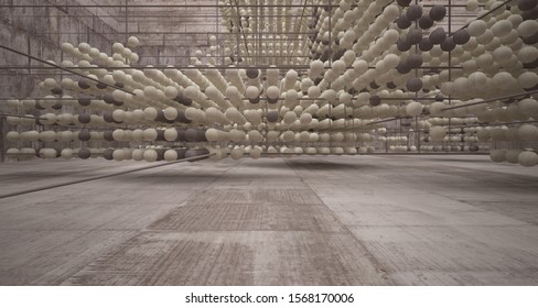 Abstract architectural concrete  interior  from an array of spheres with large windows. 3D illustration and rendering.