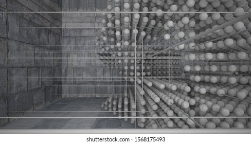 Abstract architectural concrete  interior  from an array of spheres with large windows. 3D illustration and rendering.