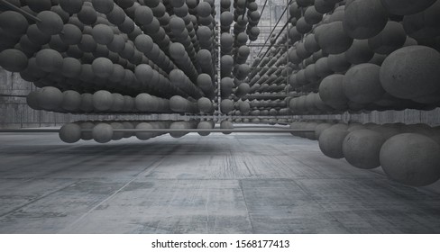 Abstract architectural concrete  interior  from an array of spheres with large windows. 3D illustration and rendering.