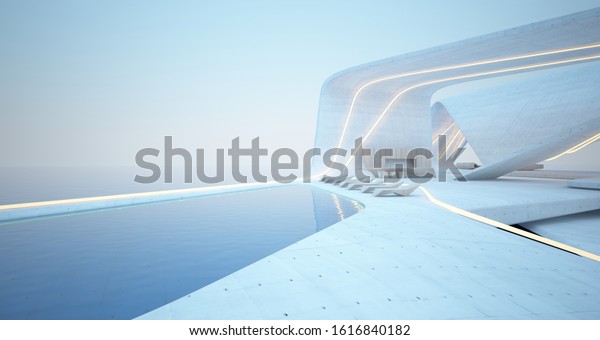 Abstract architectural concrete, wood and\
glass interior of a modern villa on the sea with swimming pool and\
neon lighting. 3D illustration and\
rendering.