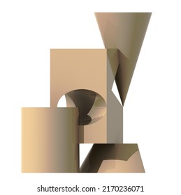 Abstract Architectural Design. Abstract Modern Sculpture. Design With Cone, Cylinder And Parallelepiped. 3D Rendering.