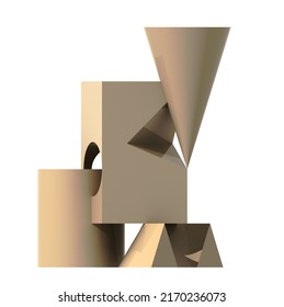 Abstract Architectural Design. Abstract Modern Sculpture. Design With Cone, Cylinder And Parallelepiped. 3D Rendering.