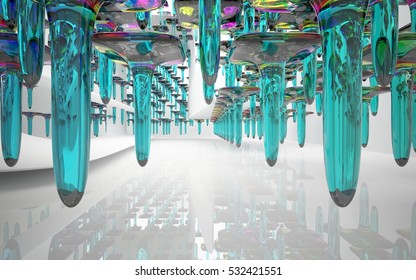 Abstract architectural interior with an array of smooth colored glass objects. 3D illustration and rendering