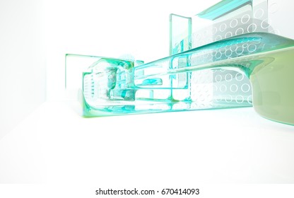 abstract architectural interior with blue smooth glass sculpture. 3D illustration and rendering