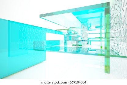 abstract architectural interior with bluet geometric glass sculpture. 3D illustration and rendering