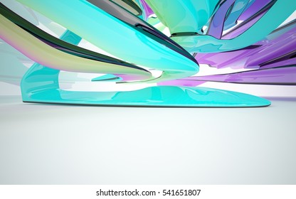 Abstract Architectural Interior With Colored Smooth Glass Sculpture With Black Lines. 3D Illustration And Rendering