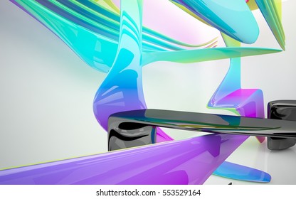 Abstract Architectural Interior With Colored Smooth Glass Sculpture With Black Lines. 3D Illustration And Rendering