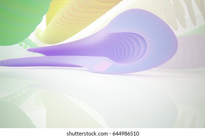 abstract architectural interior with colored smooth sculpture with black lines. 3D illustration and rendering
