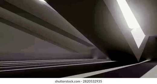 Abstract architectural interior design view featuring sharp geometric forms and bright natural light streaming from ceiling windows. Modern space with clean lines and high contrast shadows.