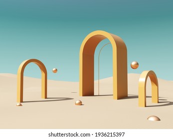 Abstract, architectural structure with arches and flying golden balls on sandy beach and sky background - 3D render with copy space. Modern minimal abstract illustration for advertising products.