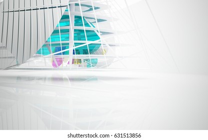 abstract architectural white interior with colored smooth glass gradient sculpture. 3D illustration and rendering