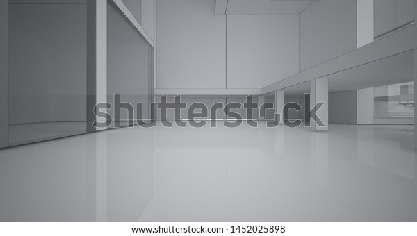 Abstract\
architectural white interior of a minimalist house with large\
windows. Drawing. 3D illustration and\
rendering.