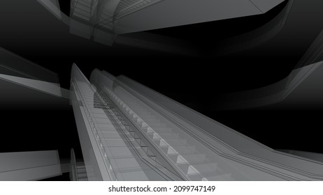 Abstract Architecture Atrium Interior With Escalator 3d Rendering