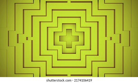 Abstract architecture background with green and yellow 3D cross shapes narrowing down. Design. Slowly moving silhouettes.