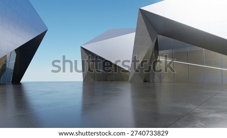 Abstract architecture background, Titanium Building, Glass or metallic Building is on empty concrete floor, Scene for car presentation, Modern Exterior, 3D rendering
