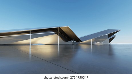 Abstract architecture background, Titanium cladding facade, Glass or metallic Building is on empty concrete floor, Scene for car presentation, Modern Exterior, 3D rendering