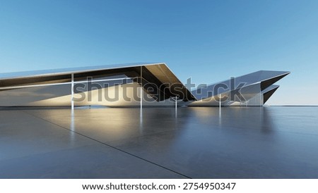 Abstract architecture background, Titanium cladding facade, Glass or metallic Building is on empty concrete floor, Scene for car presentation, Modern Exterior, 3D rendering