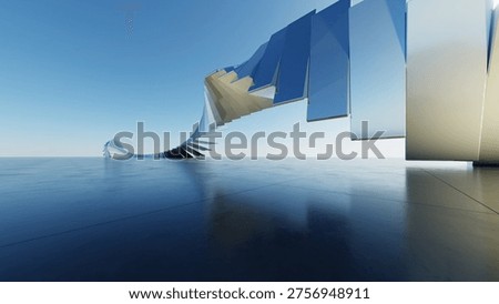 Abstract architecture background, Titanium Twisted Geometric Building, Glass or metallic Building is on empty concrete floor, Scene for car presentation, Modern Exterior, 3D rendering